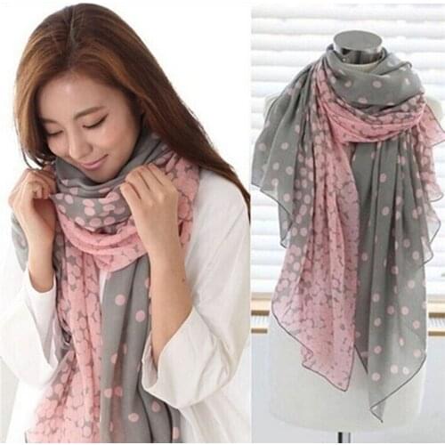 Hot Sale Women Scarf Autumn Warm Soft Long Voile Neck Large Wrap Shawl Stole Pink Grey Dots Scarve 166*60cm