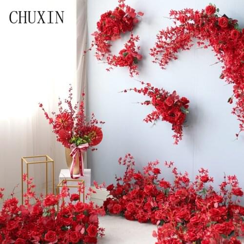 Customized Chinese Red Floral Wedding Road Guide Combination Artificial Flower Arrangement Home Party Background Decor Flower