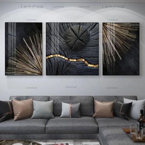 Lankshear Canvas Painting Retro Black Gold Wood Art Posters, Wood Grain Rings, Abstract Art Tree Ring Radial Lines Home Decor