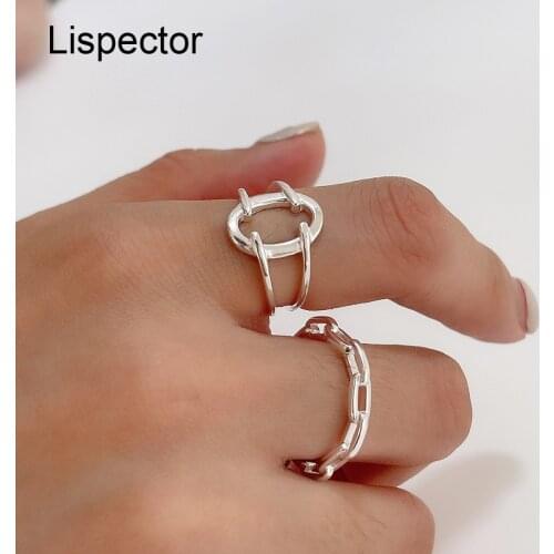 Lispector 925 Sterling Sliver Korean Simple Oval Chain Rings for Women Minimalist Hollow Geometric Ring Party Female Jewelry