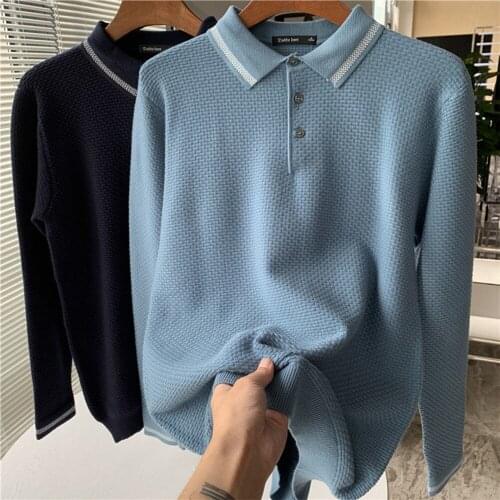 High-quality fashion new contrast color thread mens long-sleeved POLO shirt lapel casual loose top