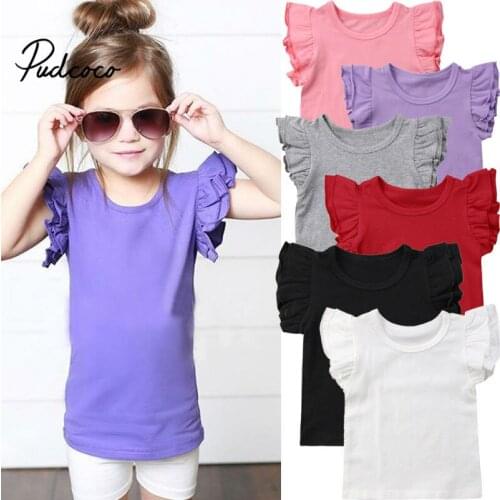 Pudcoco 2019 New Princess Solid Girls T shirt Fly Sleeve Casual Kids Clothes Summer Baby T-shirt 70-130 Plus size Drop Ship