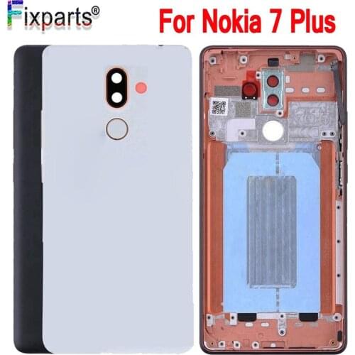 Original New For Nokia 7 Plus Back Cover Battery Cover Metal Rear Housing Door Case With Button + Camera Lens Glass E7 Plus Case