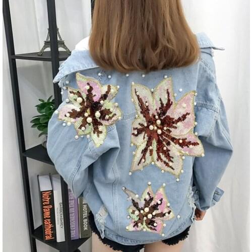 Autumn new heavy industry beaded sequined denim jacket loose long-sleeved jacket women Y818