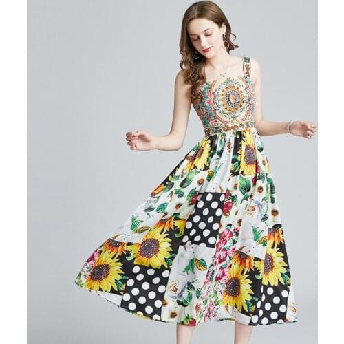 WTIANYUW 2021 Summer Runway Floral Print Spaghetti Strap Dress Sexy Strapless Sunflower Flower Overall Women Beach Boho Sundress