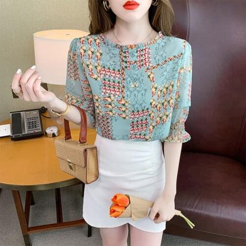Casual Short Sleeve Print Blouse 2021 Summer Fashion New Floral Chiffon Shirts Women Hedging Ladies Sweet Tops Blusas Mujer