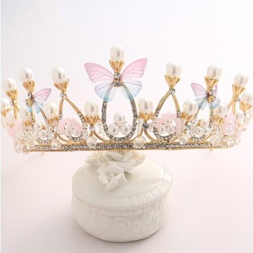 Princess Crown Rhinestone Headband Crystal Butterfly Hair Hoop Vintage Hairband for Kids Stage Performance Costume