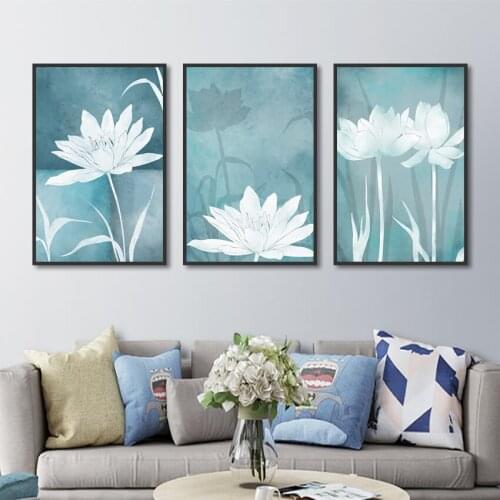 White Lotus Blue Background Canvas Painting Modern Minimalist Wall Art Print Picture For Living Room Bedroom Home Decor Poster