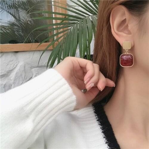 S925 needle red geometric square stud earrings pendant temperament high sense earrings retro earrings clip no piercings for