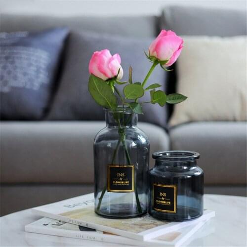 Advanced Chic Glass Gray Storage Jar with Sticker Scandinavian Nordic Vogue Desk Storage Bottle Organizer Flower Container Decor