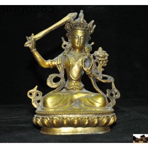 Old Tibetan Buddhism Bronze Gilt Hold Sword Tara Kwan-Yin GuanYin Buddha Statue