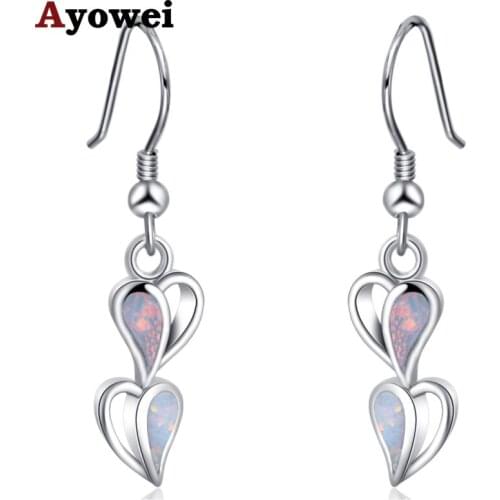 Ayowei Wedding Decoration Heart Shape For For Women White Fire Opal drop Earring Silver 925 Jewelry OE764A
