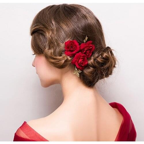 Red Flower Bride Jewelry Hair Accessories Handmade Wedding Party Silk Fabric Rose Golden Hair Sticks Forks Ornaments, 3PCS/LOT