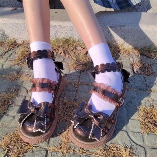 Harajuku Sweet Lolita Cosplay Low Heel Flats Shoes Platform Bow Princess Shoes Buckle Anime Kawaii Japanese Round Toe Loli Shoes