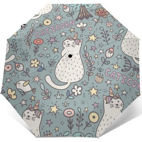 Wind Resistant Fully-Automatic Umbrella Cat Unicorn Magic Pattern Rain 3 Folding Parasol Travel Car Umbrella
