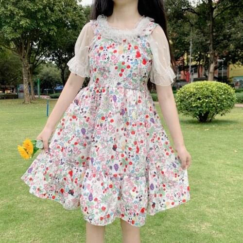 Japanese Sweety Loli Soft Girly JSK Party Dress Square Collar Cute Sleeveless Kawaii Cartoon Cat Printing Ruffles Camisole Dress