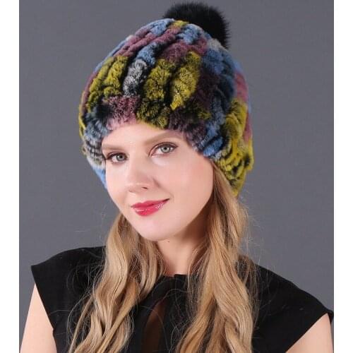 Real Rex Rabbit Fur Hat Women Winter Knitted Fur Beanies Cap With Fox Fur Pom Poms Brand New Thick Female Cap Elastic Soft Warm