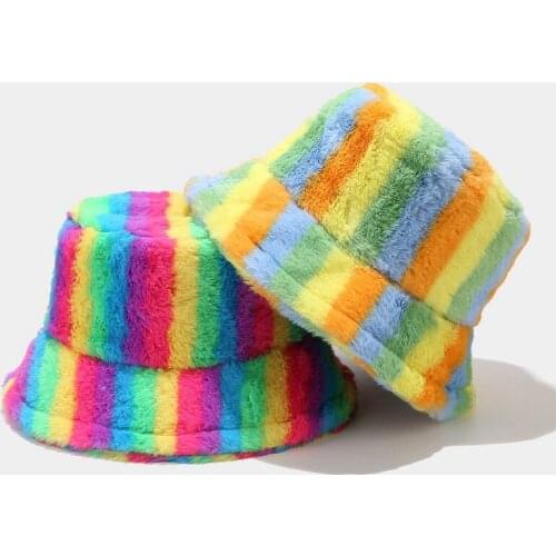 Rainbow Striped Print Fluffy Bucket Hats Panama Winter Hat For Women Fashion Warm Faux Fur Fishing Cap