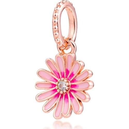 2020 Pink Daisy Flower Dangle Charm Fits Sterling Silver Jewelry Charms Bracelets For Woman Silver Beads For Jewelry Making