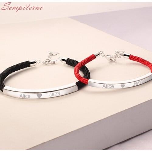 925 Sterling Silver Handmade Red Black Rope Custom Name Bracelet Engraved Date Letter Lovers Bangles Personalized Woman Jewelry
