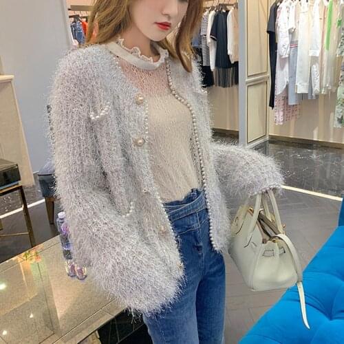 Women Silver Silk Tassels Pearls Knitted Sweater Cardigan Autumn Loose Long-sleeved Mohair Jacket Single-breasted Crop Tops