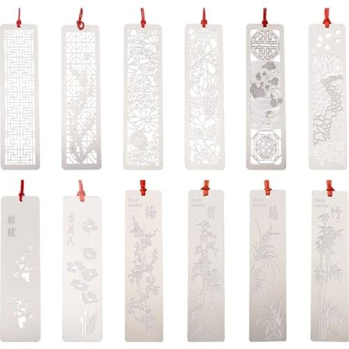 12Pcs Hollow Metal Stainless Steel Bookmarks with Red Color Knot Theme Series Bookmarks Set 11.5x3.2x0.03cm for Reading Book