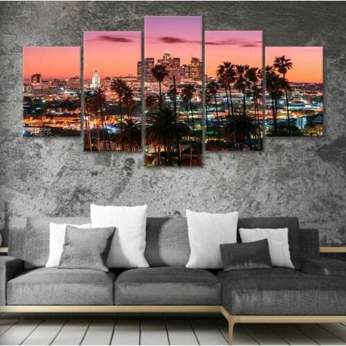 Los Angeles Skyline City Night 5 Panel Canvas Picture Print Wall Art Canvas Painting Wall Decor for Living Room No Framed
