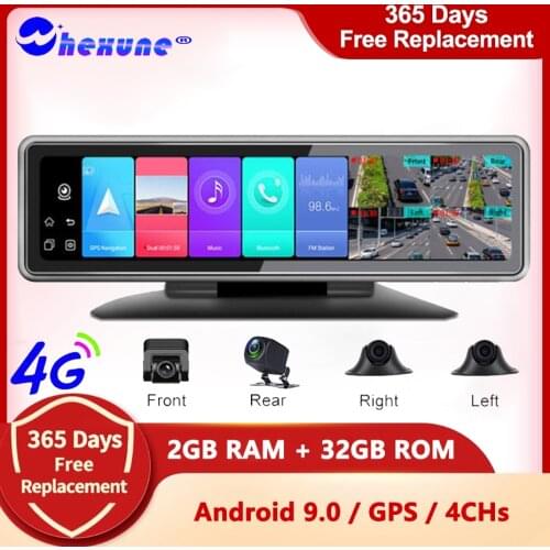WHEXUNE 12" 4 Channel Lens 4G Car DVR Camera Android 9.0 GPS Video Recorder 1080P Wifi Rearview Mirror Dash Cam Auto Registrar
