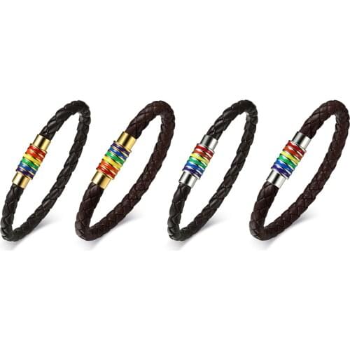 Boniskiss Gay Pride Rainbow Magnetic Bracelet Black Brown Genuine Braided Leather Bracelet Women Men Stainless Steel Lover Gift