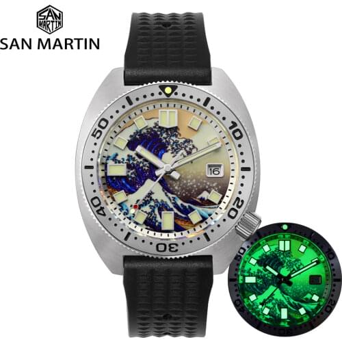 San Martin Diver Wave 3D Printing Men Automatic Mechanical Watch Kanagawa Surfing Dial NH35 Full Luminous Sapphire Mens Watches