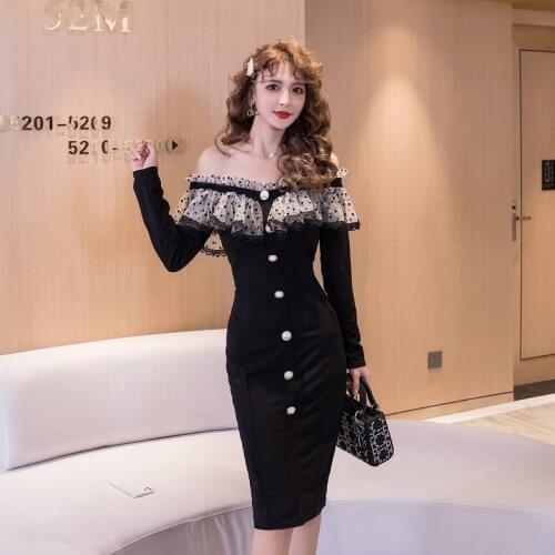 COIGARSAM Ruffles Women one-piece dress korean Polka Dot Mesh Dresses Black 6975