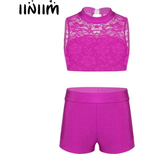 Iiniim Kids Girls Athletic Gymnastics Leotard Ballerina Dance Wear Floral Lace Top with Bottoms for Ballet Dance Costumes