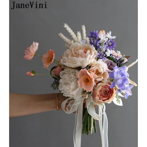 JaneVini Artificial Peony Rose Freesia Wedding Bouquet for Bride Purple Champagne Fake Flowers Bridal Hand Bouquet Ramo Flores