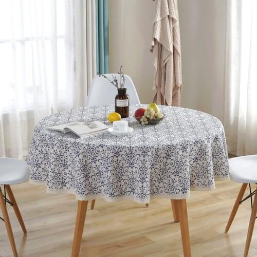 Retro Blue and White Porcelain Pattern Round Tablecloth with Stitching Lace Tassels Dining Table Cloth for Home Garden Tea