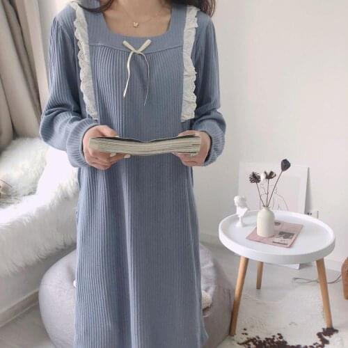 Sweet Homewear Lace Long Sleeve Square Collar Cotton Nightdress Fall Winter New Bow Sexy Sleepwear Loose Girl Nightgown пижама