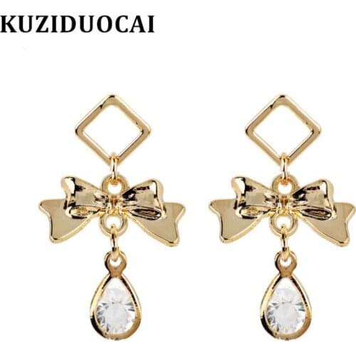 Kuziduocai New Fashion Jewelry Zircon Metal Bow-knot Square Balloon Geometric Statement Drop Earrings For Women Brincos Aretes