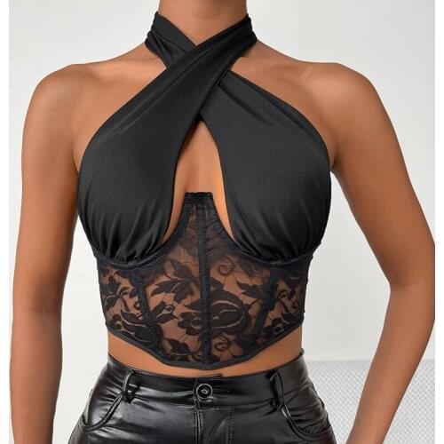 Summer Women Cross Halter Neck Crop Tops Sexy Ladies Sleeveless Backless Lace Spliced Corset Top Club Streetwear Clothing 2021