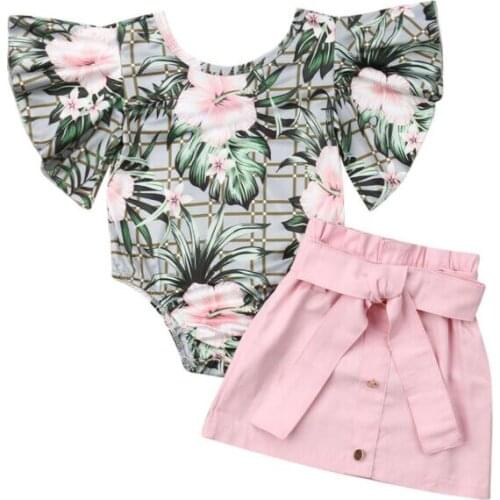 Fashion Toddler Baby Girl Clothes Flower Ruffle Sleeve Romper Tops Mini Skirt 2Pcs Outfits Baby Girl Summer ClothIing 1-4Y