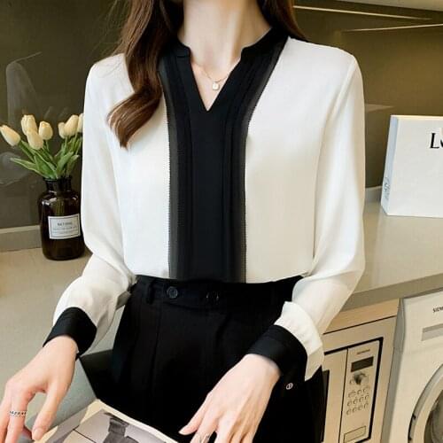 Chikichi 2021 New Ladies Chiffon Shirt Autumn Elegant V-neck Stitching Contrast Shirt Korean Fashion Woman Top Winter Blouses