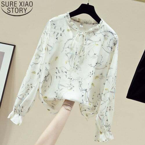 Print Shirt Long Sleeve Shirt Women Tops 2021 New Autumn Floral Chiffon Blouse Casual Stand Collar Clothes Pullover Blouse 11147