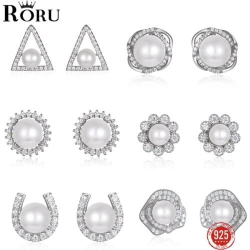 Sterling Silver 925 Stud Earrings Natural White Pearl Earrings for Women Cute Zircon Pearl Earring Fine Jewelry