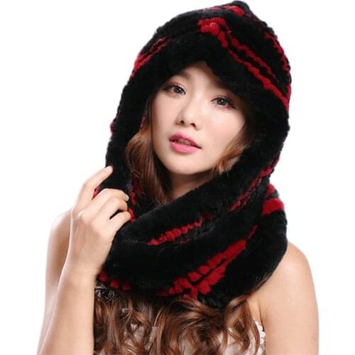 Hat women new knitted real Rex rabbit fur hat hoodie scarf winter hats for woman hat warm natural fur hat with neck scarves