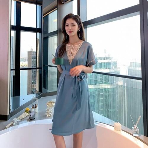 Sweet Lace Trim Nightgown for Women Satin Loose Sleepshirts Summer New O-Neck Night Dress L-3XL Plus Size Sleepwear With Belt