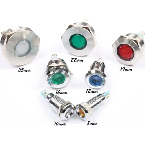 LED Metal Indicator Light 6/8/10/12/16/19/22/25/30mm Power Supply Waterproof Signal Lamp DC AC Flat 6V12V24V220V