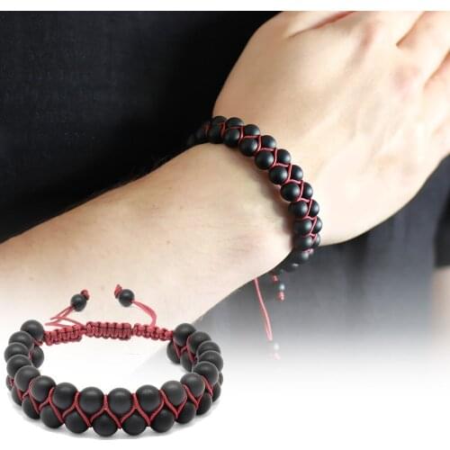 Tesbihane Red Macrame Braided Sphere Cut Double Row Onyx Natural Stone Bracelet