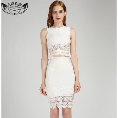 TIANFUBINDE Women Sleeveless Bandage Dress Lace Zipper Design White Sexy Party Clothing Knee-Length O-Neck hollow Bandage Dress