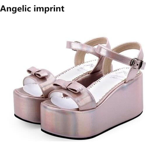 Angelic imprint woman mori girl lolita cosplay shoes lady high heels pumps women princess summer dress party sandals laser pink
