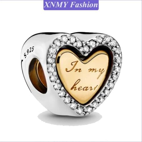 XNMY New Silver Color in my heart Two Tone Double Heart Dangle Charm Fit Original Pandora Bracelet Christmas Diy Jewelry Making