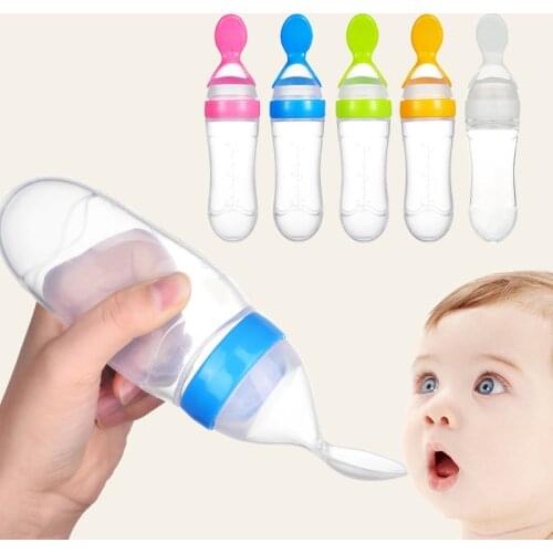 Yooap Safety Infant Silicone Baby Feeding With Spoon Feeder Food Rice Cereal Squeeze Feeding Spoon Milk Bottle Training Feeder