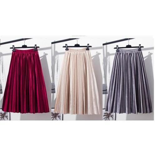 Elastic Waist Pleated Midi Skirt Vintage Kpop Skirt Women Autumn Winter Gold Velvet Skirts Casual Solid 12Colors High